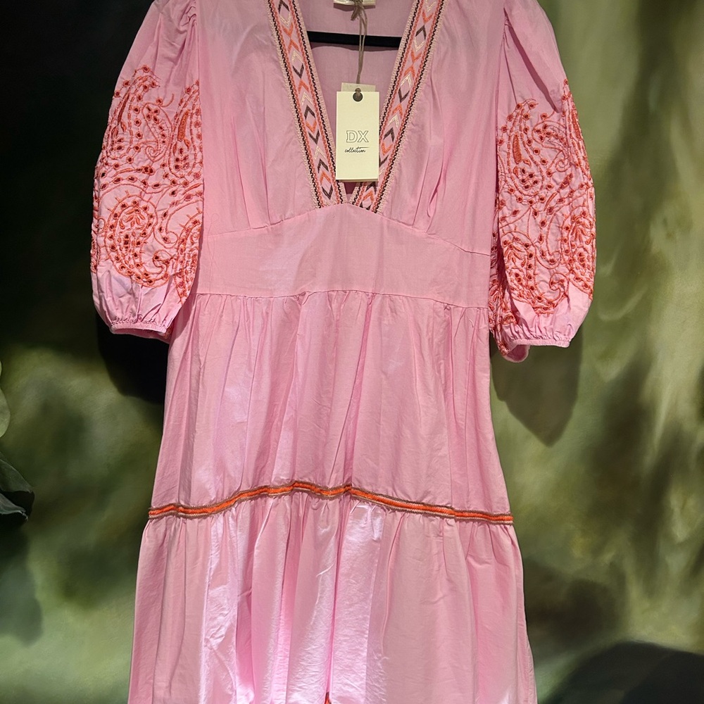 DX Collection Pink Dress with Embroidered Sleeves